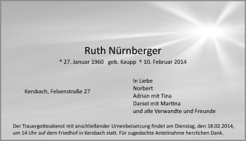 Traueranzeige von Ruth Nuernberger von Pegnitz-Zeitung